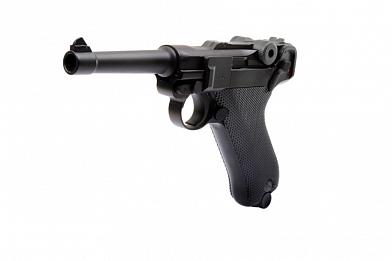 Страйкбольный пистолет WE Luger Parabellum P-08 4" SHORT металл черный фото, описание