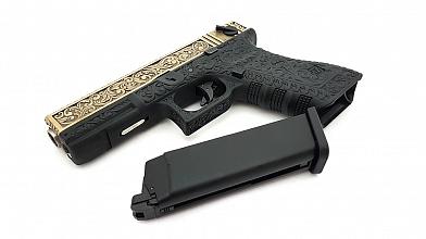 Страйкбольный пистолет WE GLOCK-18 gen.3 цвет бронза с гравировкой WE-G002BOX-BR фото, описание