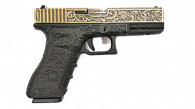 Страйкбольный пистолет WE GLOCK-17 gen.3 цвет бронза с гравировкой WE-G001BOX-IV фото, описание