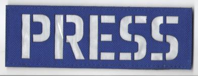 П354 Нашивка патч PRESS ткань Синяя буквы белые 5x15см фото, описание