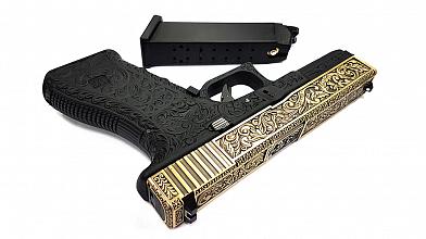 Страйкбольный пистолет WE GLOCK-17 gen.3 цвет бронза с гравировкой WE-G001BOX-BR фото, описание