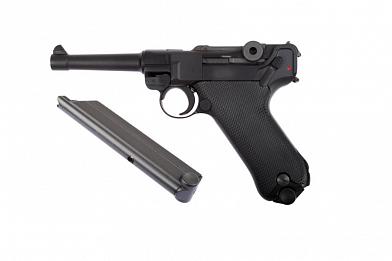 Страйкбольный пистолет WE Luger Parabellum P-08 4" SHORT металл черный фото, описание