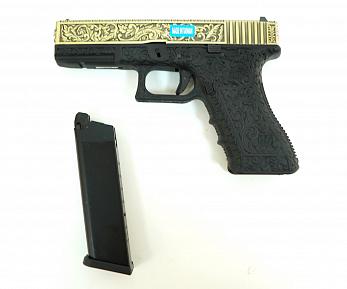 Страйкбольный пистолет WE GLOCK-17 gen.3 цвет бронза с гравировкой WE-G001BOX-FP фото, описание