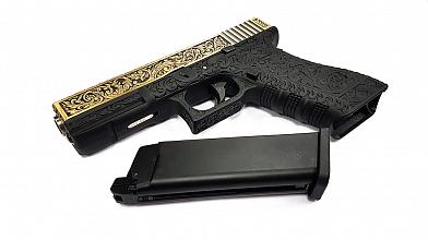 Страйкбольный пистолет WE GLOCK-17 gen.3 цвет бронза с гравировкой WE-G001BOX-BR фото, описание