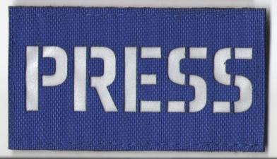 П353 Нашивка патч PRESS ткань Синяя буквы белые 5x9см фото, описание